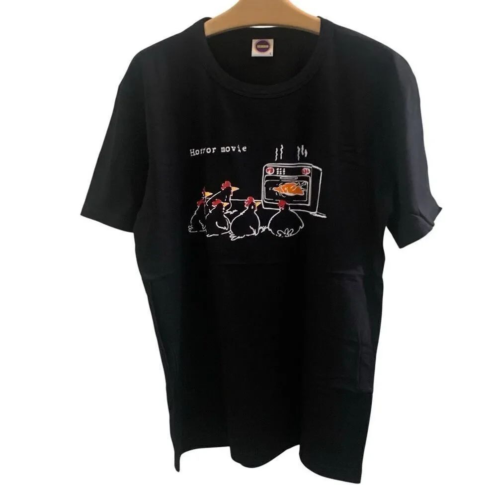 Rare Funny Chicken T-Shirt Horror Movie Graphic Tee Unisex Black Cotton Large